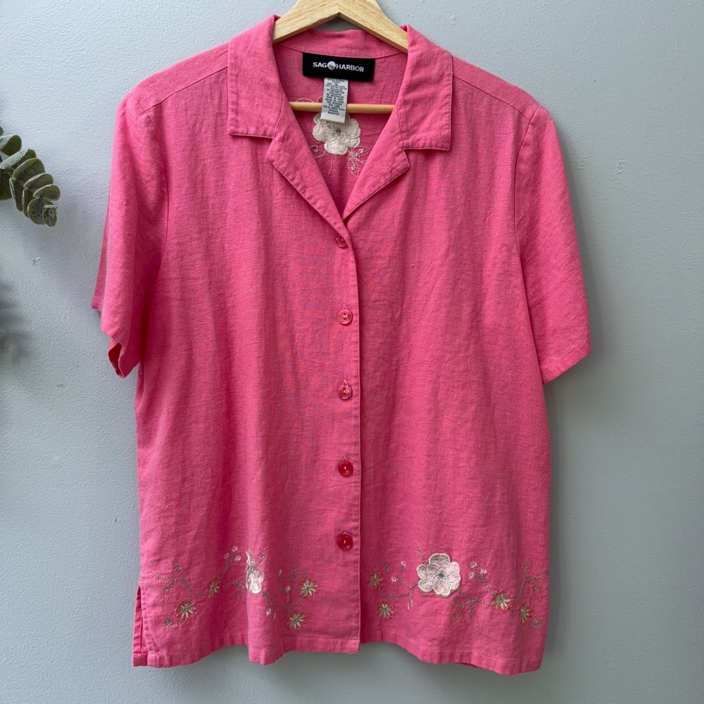 Vtg Sag Harbor Shirt Cottagecore Grandma Button Up Linen Embroidered Floral Pink